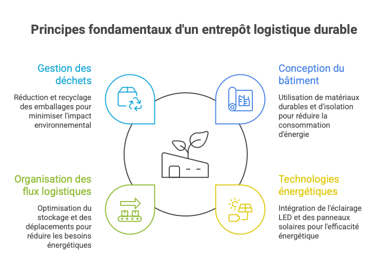 Schéma des caractéristiques d'un entrepôt logistique durable : énergie, flux, déchets